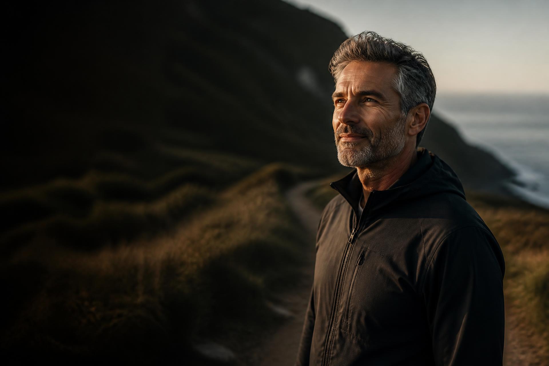 Man in his early fifties standing on a coastal trail in morning light