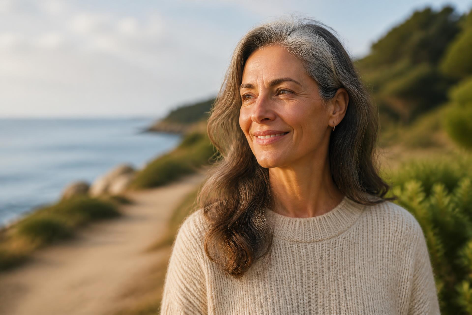 Woman in her late forties standing on a coastal path in warm morning light